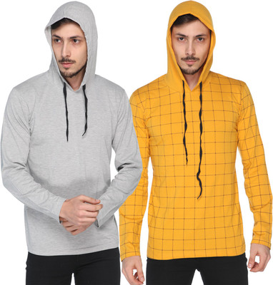 Shaun Checkered, Printed Men Hooded Neck Grey, Yellow T-Shirt(Pack of 2)