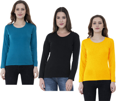 IndiWeaves Solid Women Round Neck Blue, Black, Yellow T-Shirt