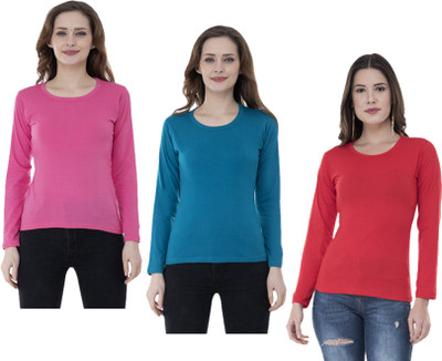 IndiWeaves Solid Women Round Neck Multicolor T-Shirt