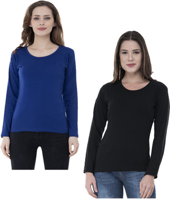 IndiWeaves Solid Women Round Neck Blue, Black T-Shirt