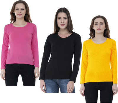 IndiWeaves Solid Women Round Neck Black, Pink, Yellow T-Shirt