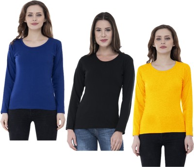 Indistar Solid Women Round Neck Blue, Black, Yellow T-Shirt