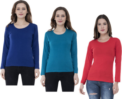 IndiWeaves Solid Women Round Neck Multicolor T-Shirt