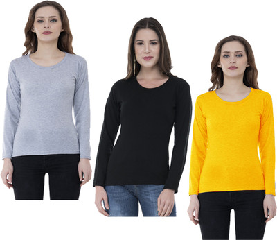 IndiWeaves Solid Women Round Neck Black, Grey, Yellow T-Shirt