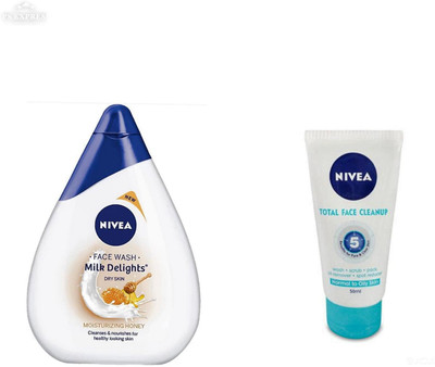 

Nivea Milk Delights Moisturizing Honey For Dry Skin Face Wash (100 ml) & Total Face Cleanup (50 ml)(Set of 2)