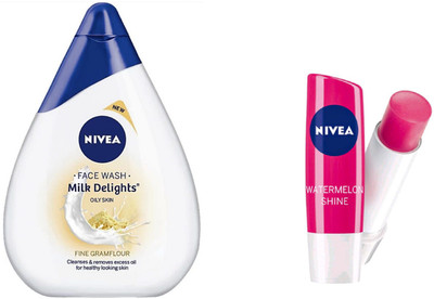 

Nivea Milk Delights Fine Gramflour For Oily Skin Face Wash (100 ml) & Watermelon Shine LipBalm(Set of 2)