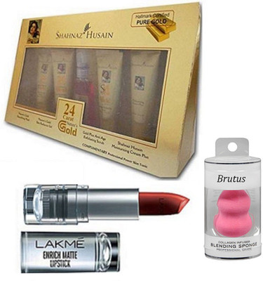 

brutus Spongy puff, Shahnaz husain gold facial kit, Lakme enrich lipstick(Set of 3)