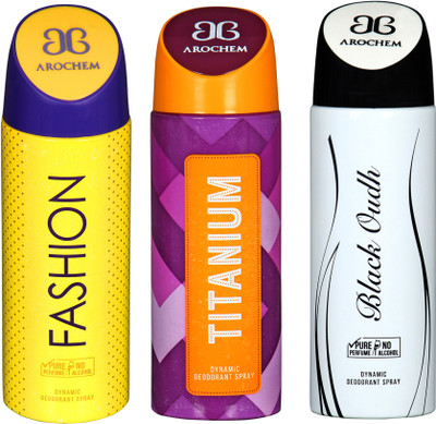

AROCHEM fashion,titanium and black oudh combo Body Spray - For Men & Women(300 ml, Pack of 3)
