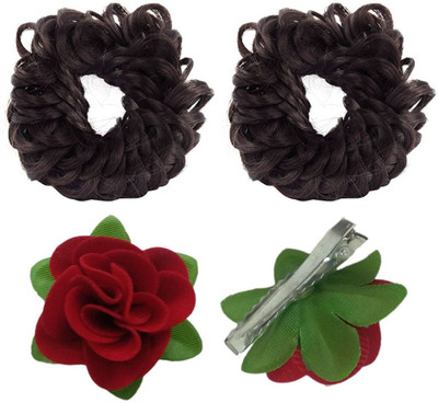 

GadinFashion Set of 02 Fancy Rubber Juda (Brown) with Red flower hair pin for Women and Girls Hair Accessory Set(Multicolor)