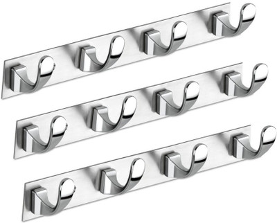 KEEPWELL 4 Pin Hook (Pack of 3) Stainless Steel Bathroom Cloth Hooks / Hanger / Key Holder / Door Wall Robe Hooks Rail for Hanging Keys, Clothes, Towel Hook Rail 4(Pack of 3)