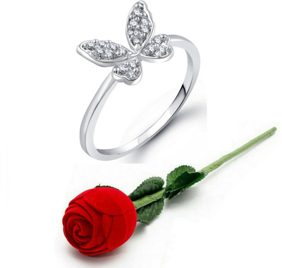VIGHNAHARTA Valentine's Day Gift Ring with Exclusive Red Rose Box Alloy Crystal, Cubic Zirconia Rhodium Plated Ring