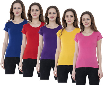 Indistar Solid Women Round Neck Multicolor T-Shirt