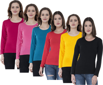 IndiWeaves Solid Women Round Neck Multicolor T-Shirt