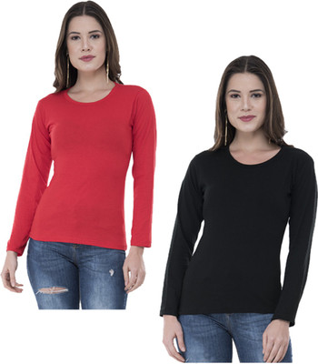 IndiWeaves Solid Women Round Neck Red, Black T-Shirt