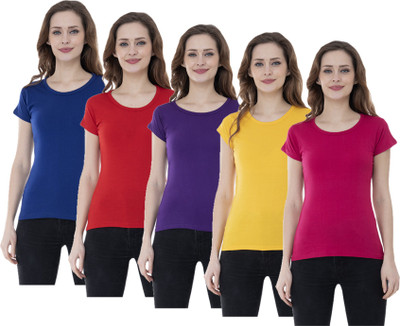 Indistar Solid Women Round Neck Multicolor T-Shirt