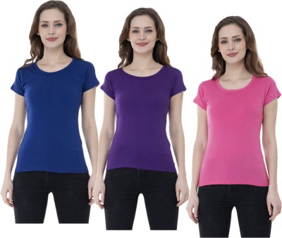 Indistar Solid Women Round Neck Purple, Blue, Pink T-Shirt