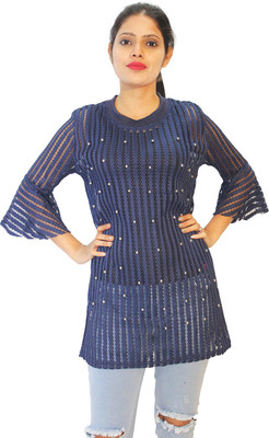 Hautemoda Party Bell Sleeve Self Design Women Dark Blue Top