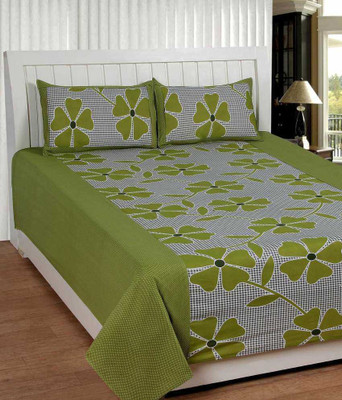 HHHfab 140 TC Cotton Double Floral Flat Bedsheet(Pack of 1, Green)