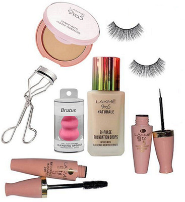 

brutus Sponge puff, Lakme 9to5 naturale foundation, primer matte powder compact, eyeliner, mascara, eyelashes, eyelashes curler(Set of 7)