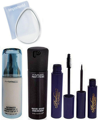 

importedd silicon puff,match master foundation, eyeliner and mascara, prep+prime infusion serum(Set of 5)