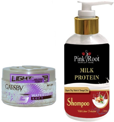 

Pink Root MILK PROTEIN SHAMPOO 200ML WITH GATSBY LIGHT LEVEL 2 WATER GLOSS SOFT GEL(Set of 2)