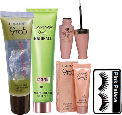 

pink palace Eyelashes & Lakme 9 to 5 Infallible Mattifying Primer & CC Cream & Weightless Mousse Foundation & Eyeliner(Set of 5)