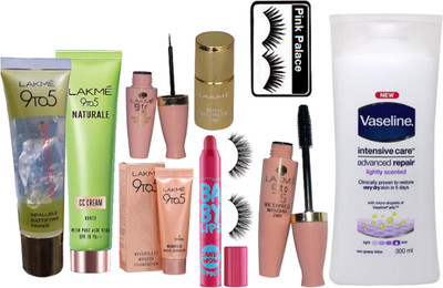 

pink palace Eyelashes & Lakme 9 to 5 Infallible Mattifying Primer & CC Cream & Weightless Mousse Foundation Intensive Care & Maybelline Baby Lip Balm & Lakme 9 to 5 Eyeliner+Mascara & Nail Paint(Set of 10)