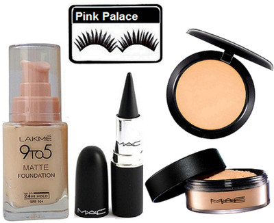 

pink palace Eyelashes & Stick Kajal & Matte Foundation & Loose Powder & Compact(Set of 5)