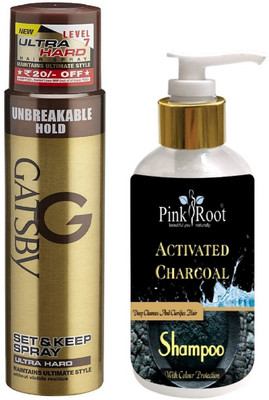 

Pink Root ACTIVATED CHARCOAL SHAMPOO 200ML WITH GATSBY ULTRA HARD SPRAY(Set of 2)