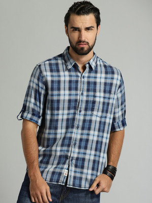 Roadster Men Checkered Casual Blue, Grey Shirt at flipkart