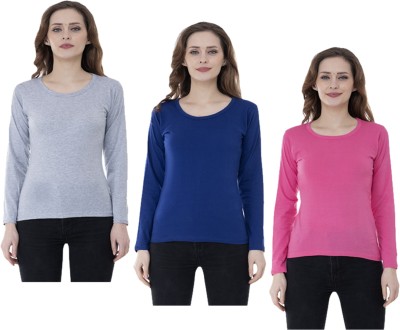 IndiWeaves Solid Women Round Neck Dark Blue, Pink, Grey T-Shirt