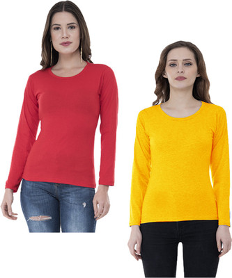 IndiWeaves Solid Women Round Neck Pink, Yellow T-Shirt