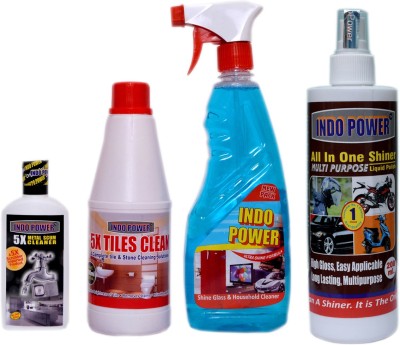 INDOPOWER TILES CLEANER 500ml+ GLASS CLEANER 500ml+100ml METAL SCUM CLEANER+ALL IN-ONE MULTI-PURPOSE SHINER 200ml. ROSE(4 x 325 ml)