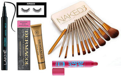 

Amber Eyelashes, Naked 3 urban decay make up brush set of 12, Dermacol make up cover foundation, Maybelline candy wow lip balm, Lakme eyeconic pen eyeliner(Set of 16)