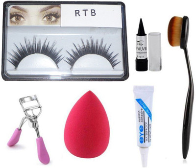 

RTB Combo Contour Brush, Blender Black Kajal False Eyelashes with Glue and Eyelashes Curler pack of 6(Set of 6)