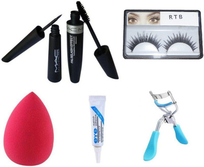RTB puff sponge , Eyelash Glue, Mascara, Eyeliner, Eyelash Curler, false eyelash Pack of 6(Set of 5)