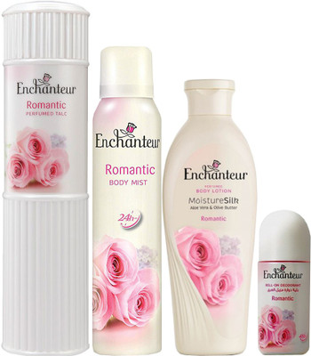 

Enchanteur Combo Pack of Romantic Talc (250g), Body Mist (150ml), Body Lotion (250ml), Roll on(50ml)(Set of 4)