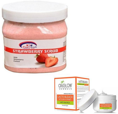 Pink Root SHEA STRAWBERRY SCRUB 500GM WITH OXYGLOW LACTO BLEACH 50GM(Set of 2)