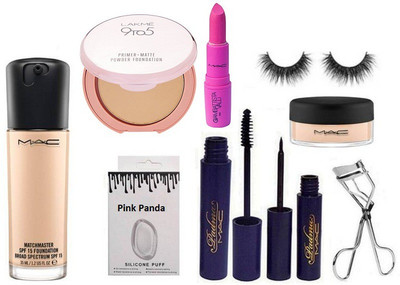 

pinkpanda Silicon Puff & Matchmaster Foundation & Compact & Padma Eyeliner & Mascara & Curler & Eyelashes & Giambattista Valli Lipstick & Loose Powder(Set of 9)