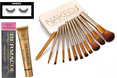

Amber Eyelashes, Naked 3 urban decay make up brush set of 12, Dermacol make up cover foundation(Set of 3)
