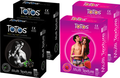 

Totos Multi Texture Honeymoon Pack Premium 3 In 1 (Dotted+Ribbed+Plain) Black Current Strawberry Flavour Condom(Set of 3, 12S)