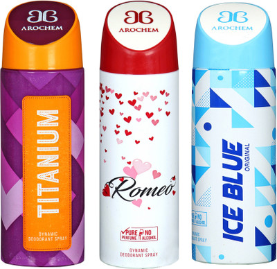 

AROCHEM titanium,romeo and ice blue combo Body Spray - For Men & Women(300 ml, Pack of 3)
