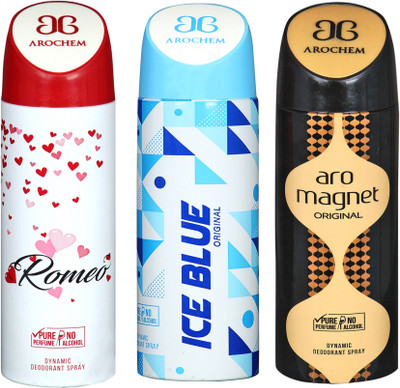 

AROCHEM romeo,ice blue and aro magnet combo Body Spray - For Men & Women(300 ml, Pack of 3)