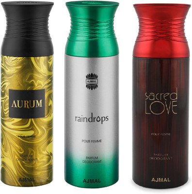 Ajmal Sacredlove & Raindrop & Aurum Deodorant Spray - For Women(200 ml, Pack of 3)