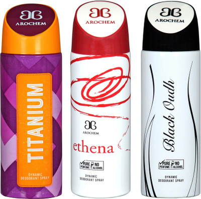 

AROCHEM titanium,ethena and black oudh combo Body Spray - For Men & Women(300 ml, Pack of 3)