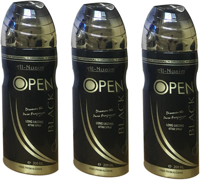 

Al Nuaim OPEN BLACK (PACK OF 3) Body Spray - For Men & Women(200 ml, Pack of 3)