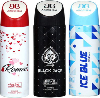 

AROCHEM romeo,black jack and ice blue combo Body Spray - For Men & Women(300 ml, Pack of 3)