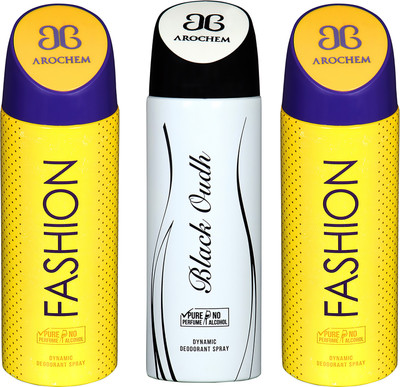 

AROCHEM FASHION , BLACK OUDH AND FASHION DYNAMIC PURE ORIGINAL Deodorant Spray - For Men & Women(200 ml, Pack of 3)