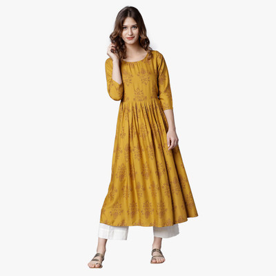 folklore Women Printed A-line Kurta(Yellow)