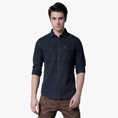 LOCOMOTIVE Men Solid Casual Black Shirt